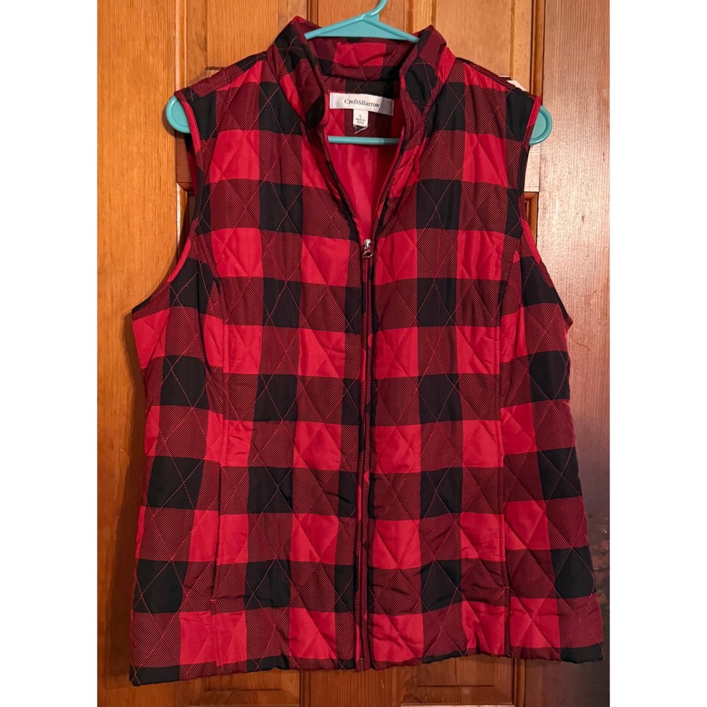 Croft & Barrow Red Black Buffalo Plaid Quilted Puffer Vest Large Mock Neck L